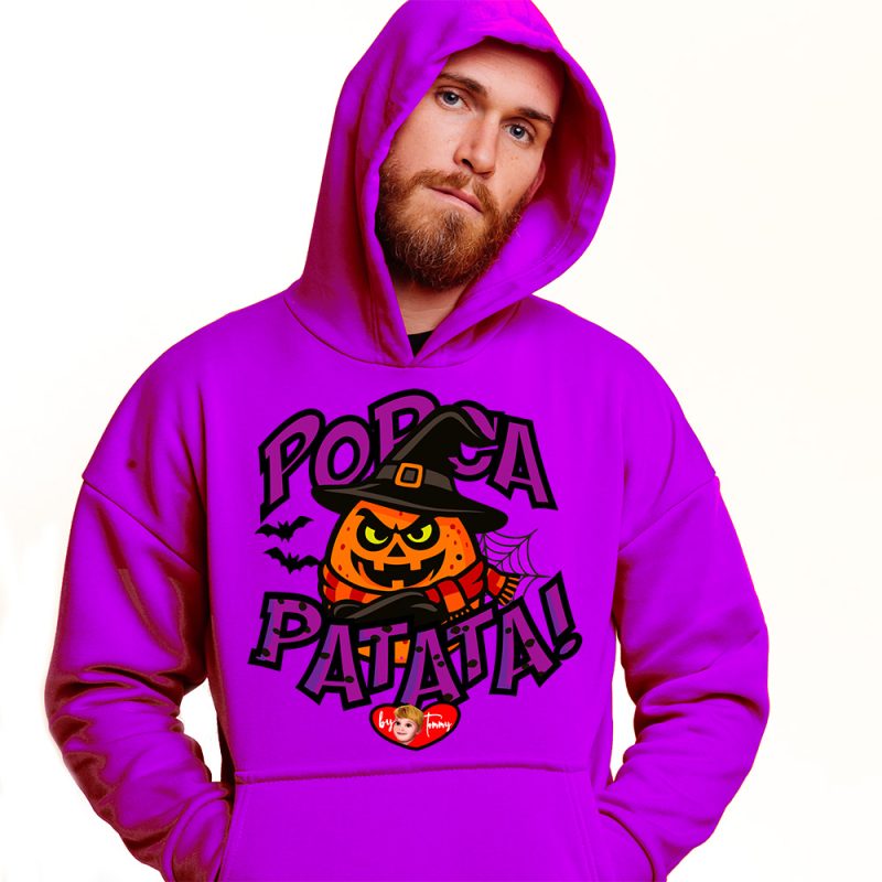 Tommy-halloween-fucsia Felpa Halloween PorcaPatata con zucca stregata e cappello da strega