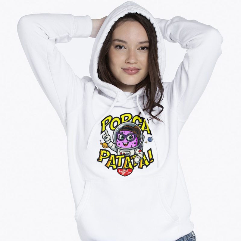 PorcaPatata astronauta cartoon con casco spaziale e scritta Porca Patata su felpa bianca streetwear