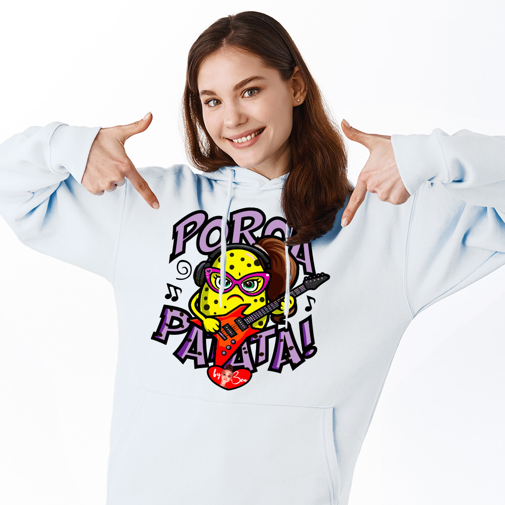 Patata rock cartoon con chitarra elettrica e scritta Porca Patata su felpa bianca streetwear