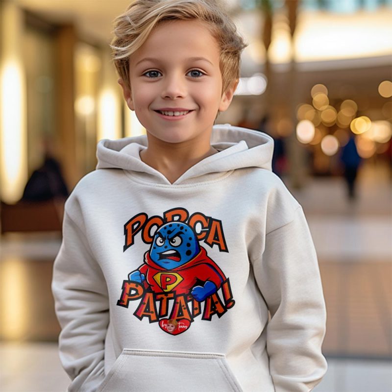 Felpa bianca con patata supereroe cartoon, stampa colorata e design divertente streetwear