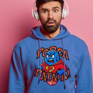 Patata supereroe cartoon su felpa blu